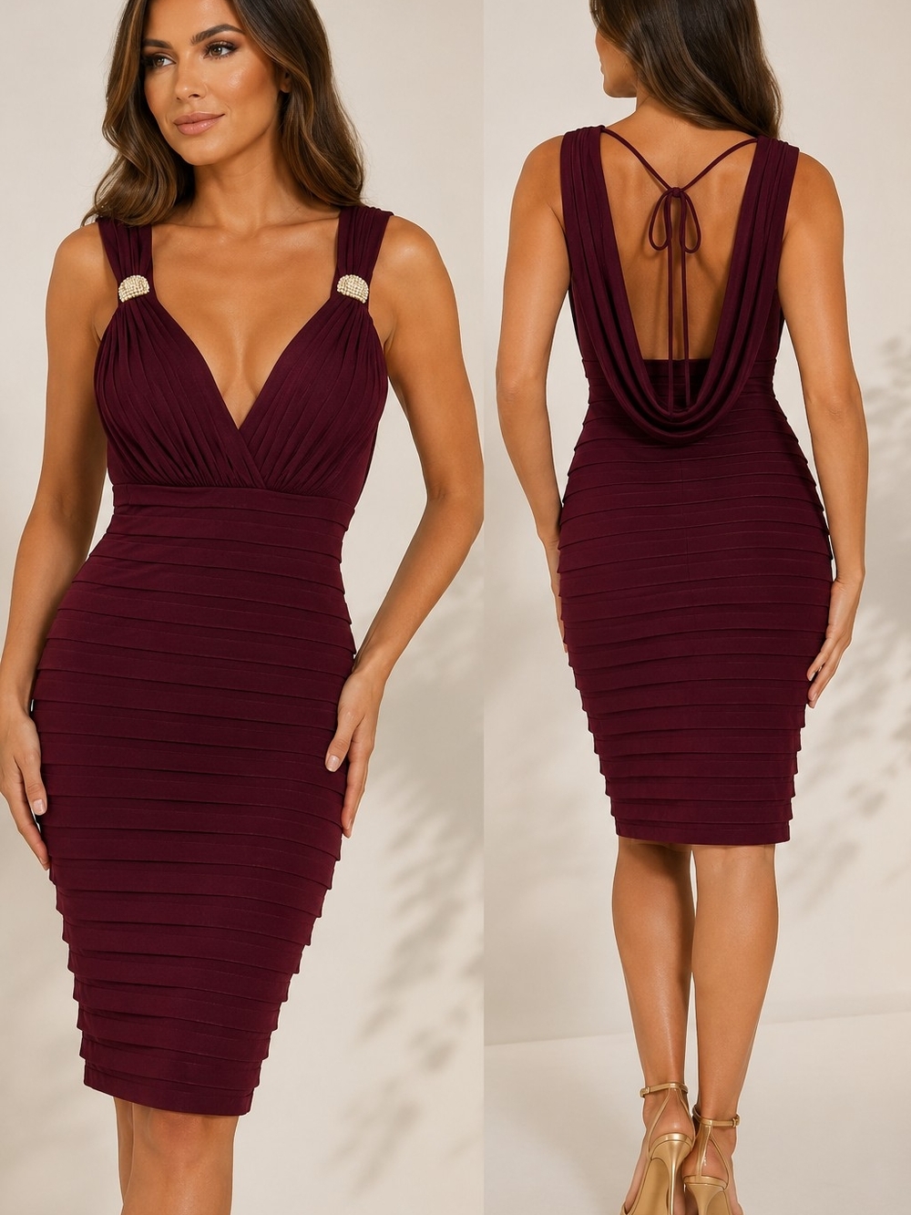 NWT Cache Aubergine Bandage Bodycon Cocktail Dress Size 4 Rhinestone Shoulders